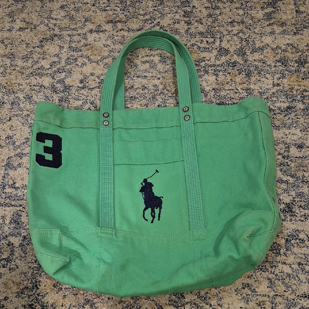 Polo by Ralph Lauren Green Canvas Tote with Logo In Navy Blue.